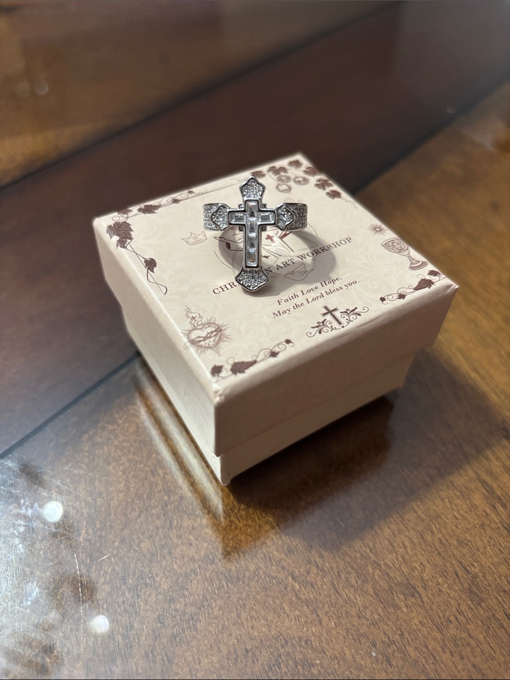 Cross Pendant Ring with Decorative Accents - Silver Tone